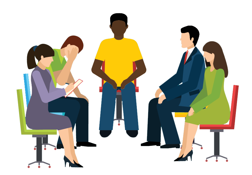 Diverse Support Group Meeting Featuring Four Individuals Sharing With a Professional Healthcare Provider While Seated
